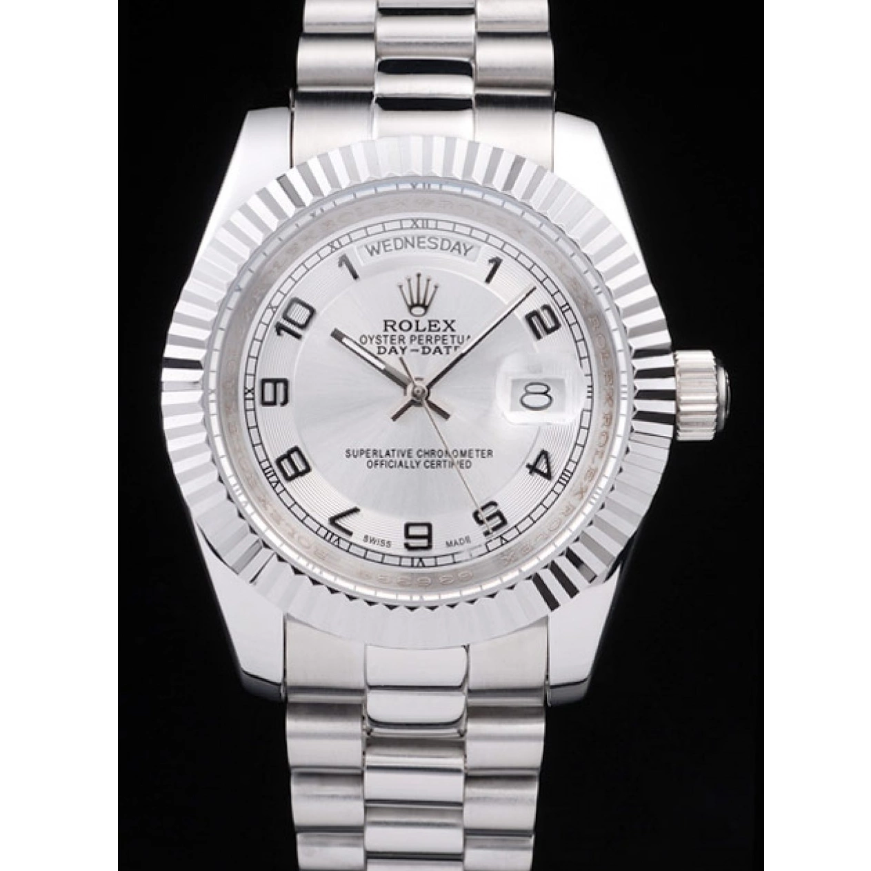 AAA replica watch Steel Dial Rolex Day-Date Polished White Stainless 0725